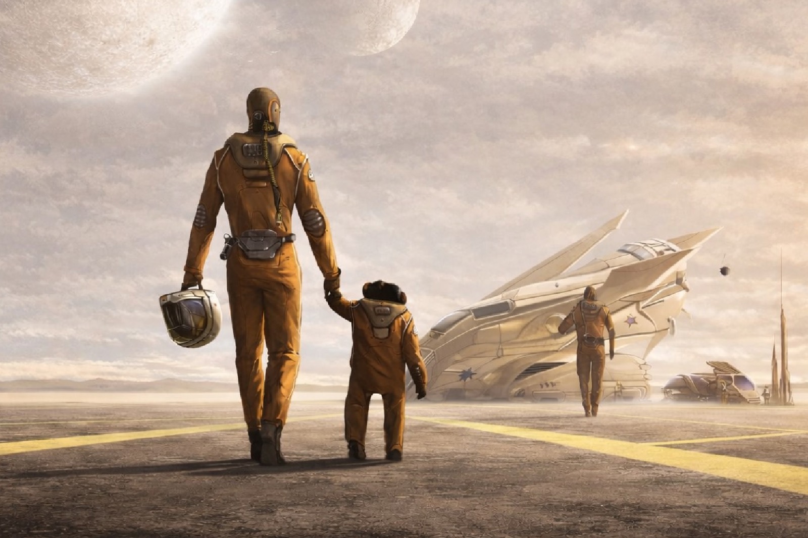 A spacefarer and child walk hand in hand towards waiting rockets